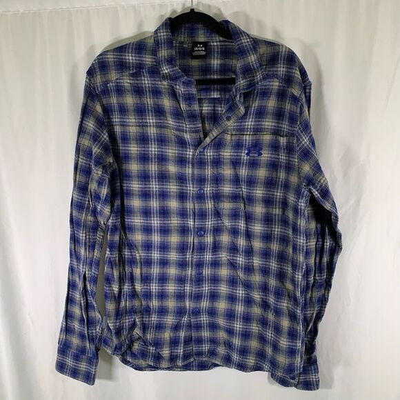 Under Armour Flannel Shirt Mens Large Blue Grey Plaid Snap Up Long Sleeve Cotton - Picture 1 of 10